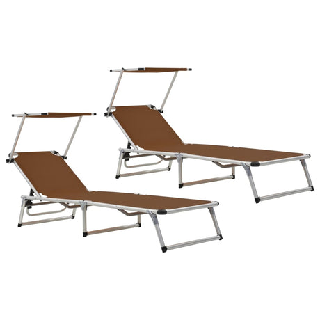 Folding Sun Loungers With Roof 2 Pcs Aluminium&Textilene Brown