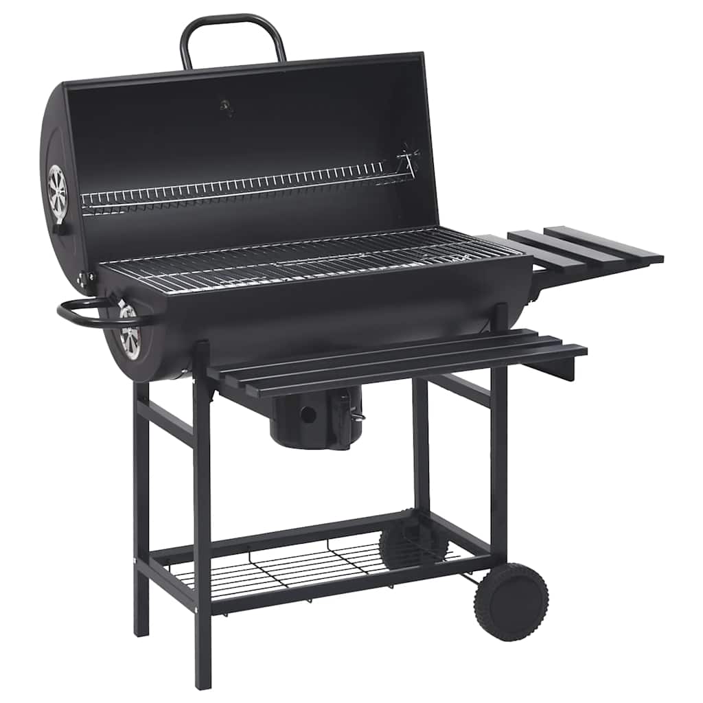 Barrel Grill With Wheels And Shelves Black Steel 115X85X95 Cm