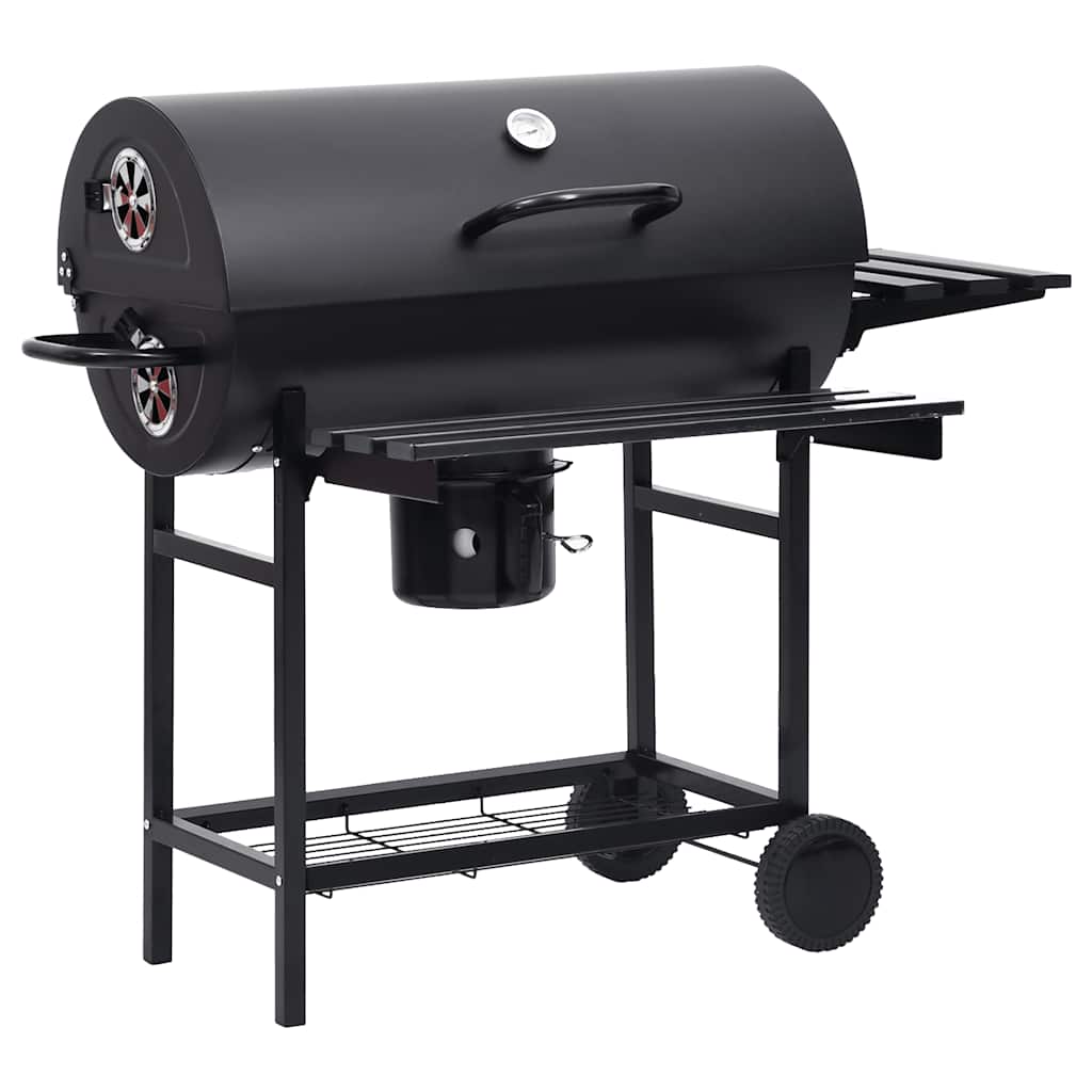Barrel Grill With Wheels And Shelves Black Steel 115X85X95 Cm