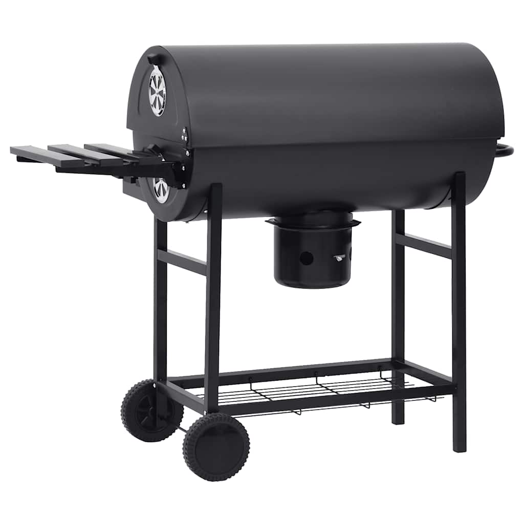 Barrel Grill With Wheels And Shelves Black Steel 115X85X95 Cm