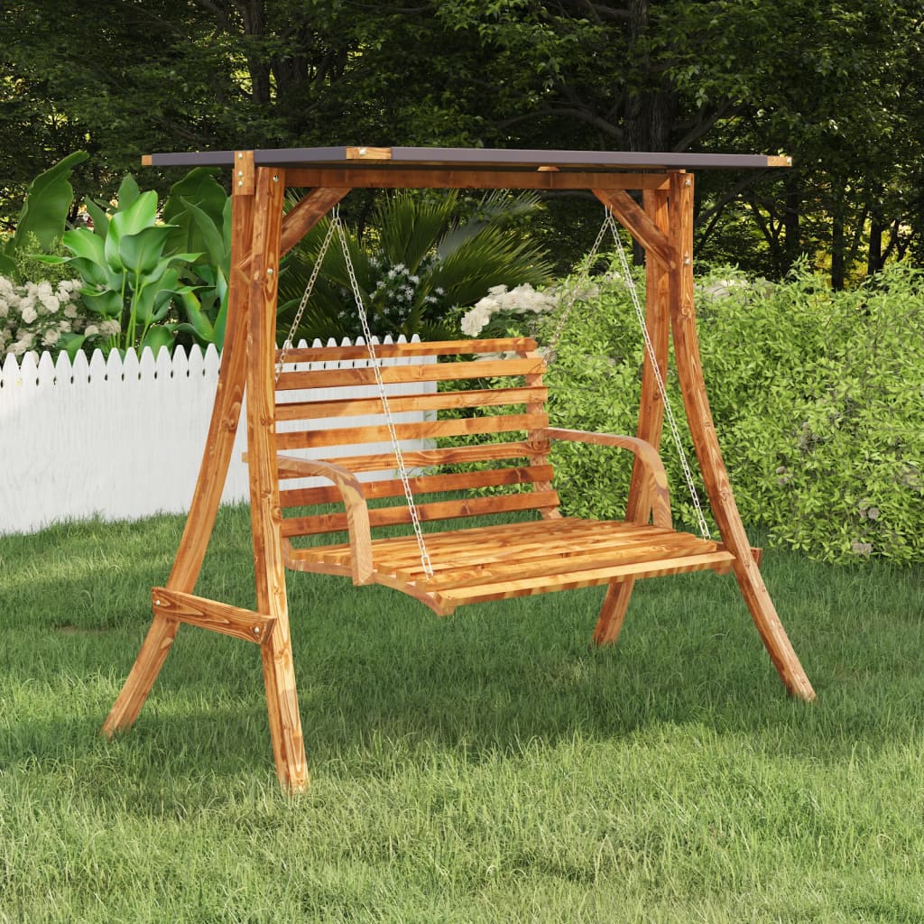 Swing Frame With Roof Solid Bent Wood With Teak Finish