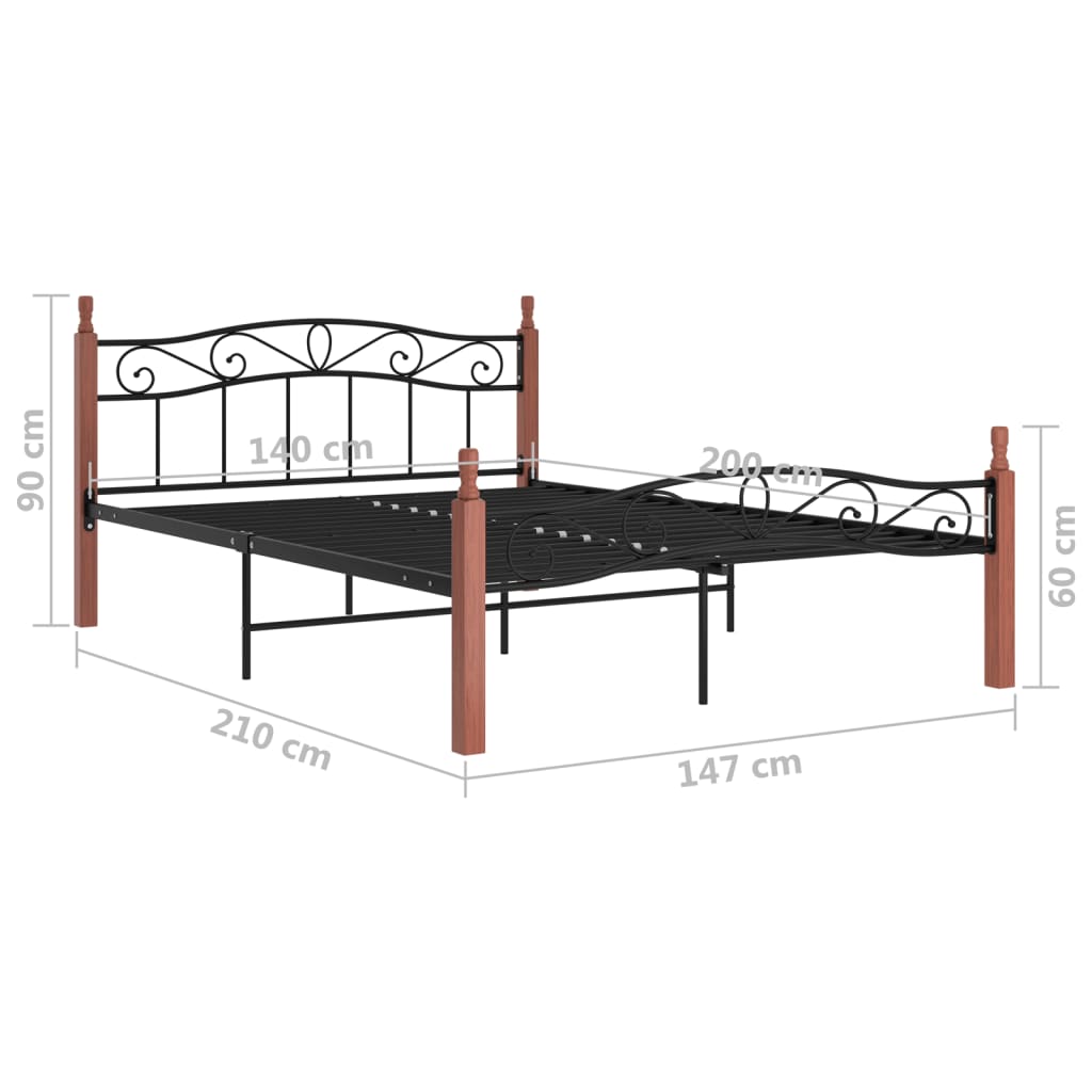 Bed Frame Without Mattress Black Metal&Solid Oak Wood
