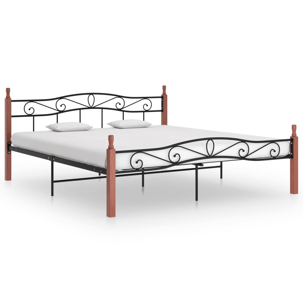 Bed Frame Without Mattress Black Metal&Solid Oak Wood