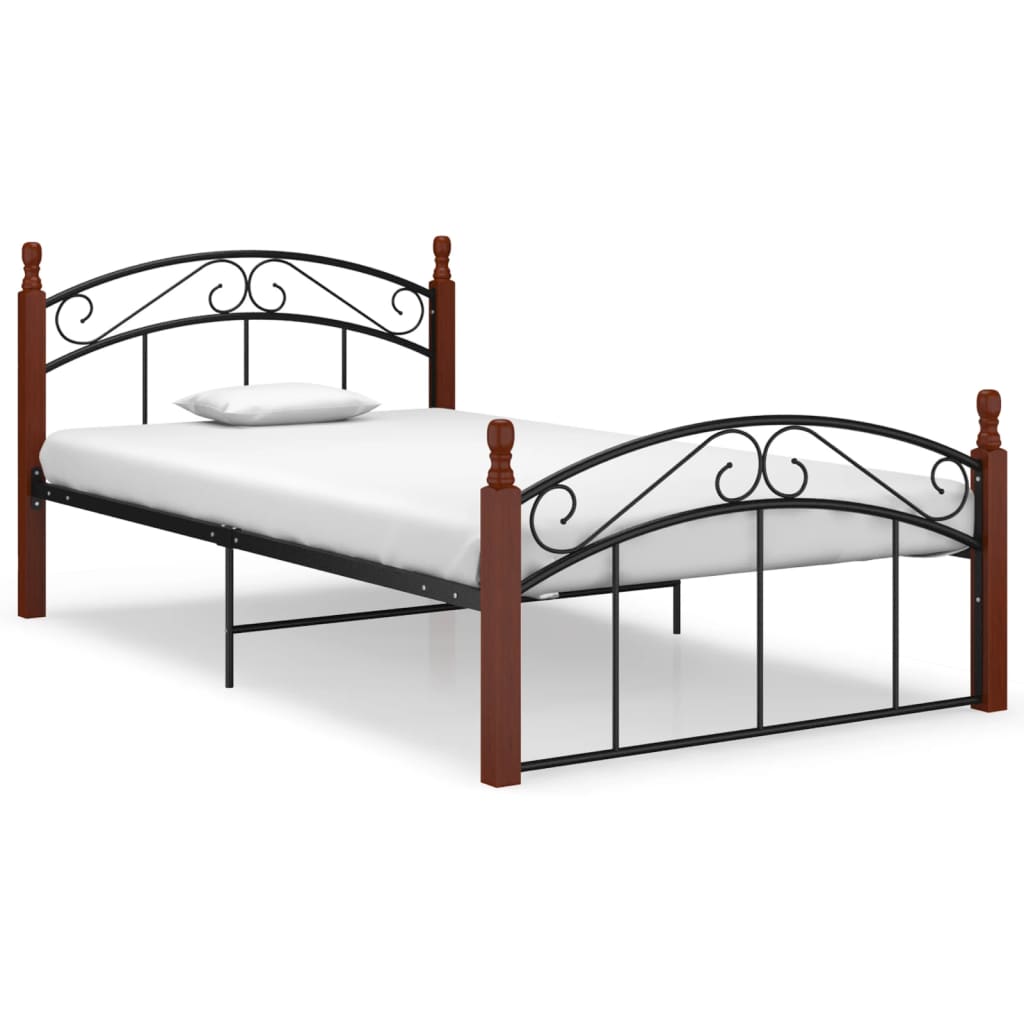Bed Frame Without Mattress Black Metal&Solid Oak Wood