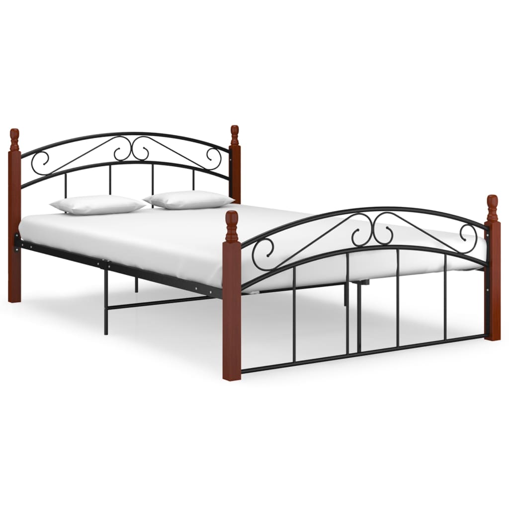 Bed Frame Without Mattress Black Metal&Solid Oak Wood