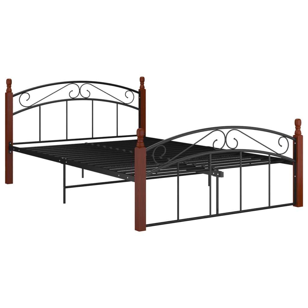 Bed Frame Without Mattress Black Metal&Solid Oak Wood