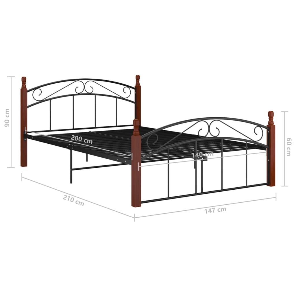 Bed Frame Without Mattress Black Metal&Solid Oak Wood