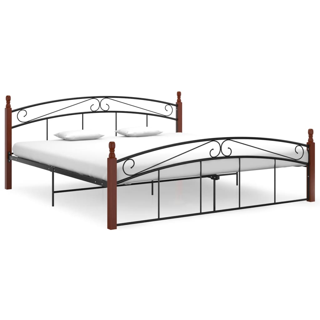 Bed Frame Without Mattress Black Metal&Solid Oak Wood