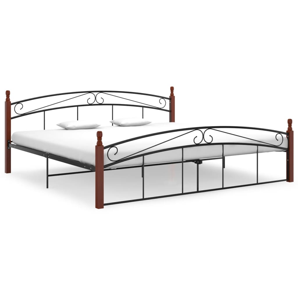 Bed Frame Without Mattress Black Metal&Solid Oak Wood