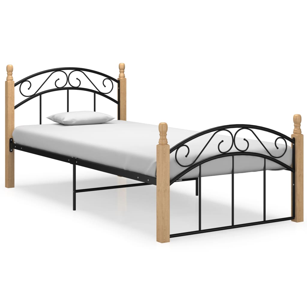 Bed Frame Without Mattress Black Metal&Solid Oak Wood