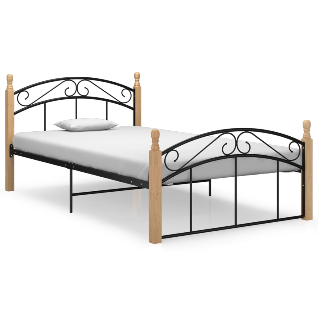 Bed Frame Without Mattress Black Metal&Solid Oak Wood