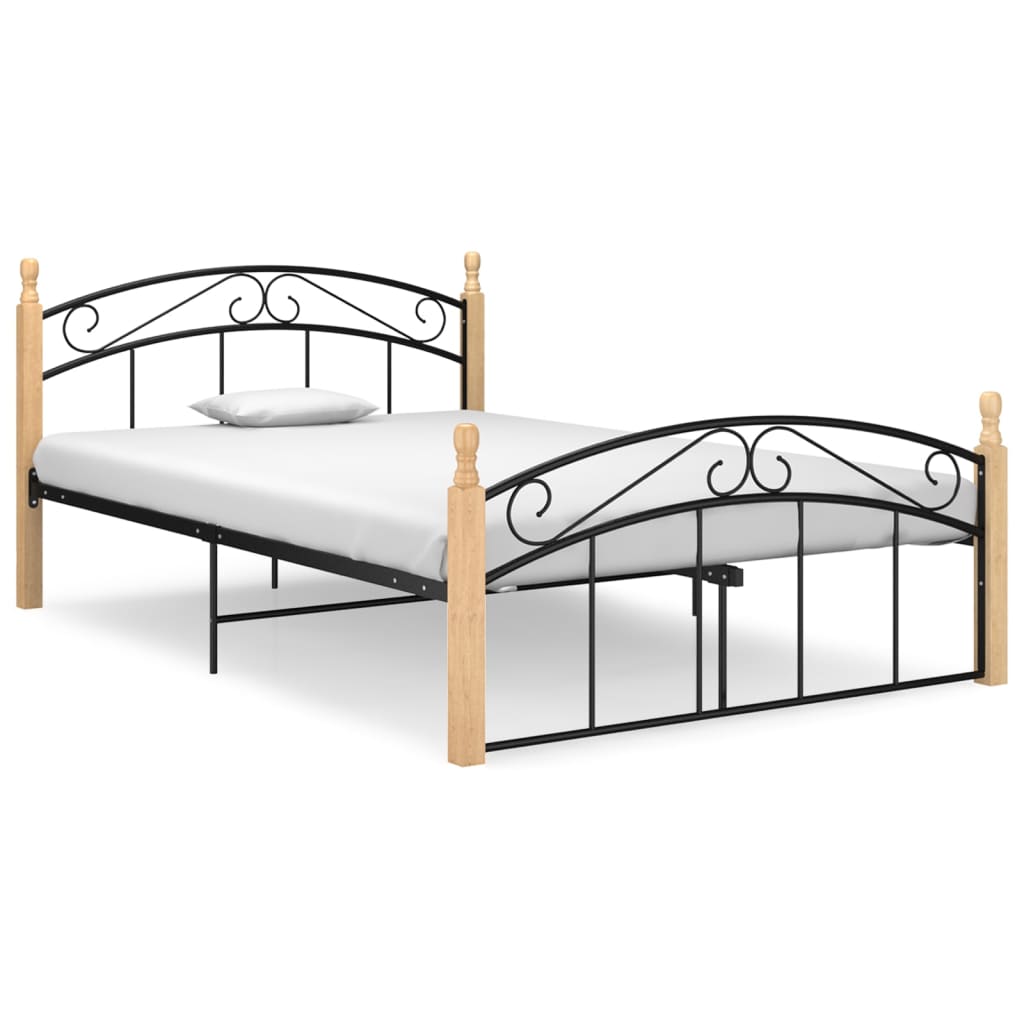 Bed Frame Without Mattress Black Metal&Solid Oak Wood