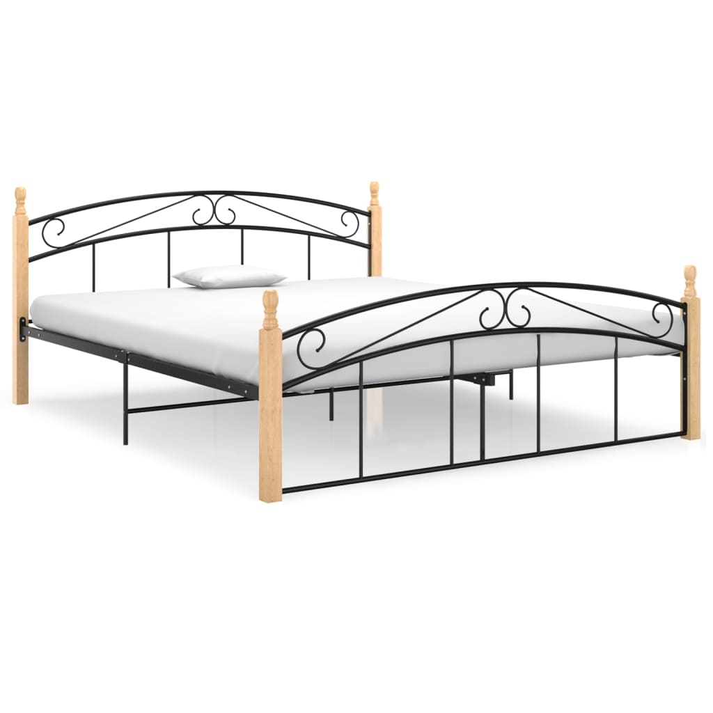 Bed Frame Without Mattress Black Metal&Solid Oak Wood