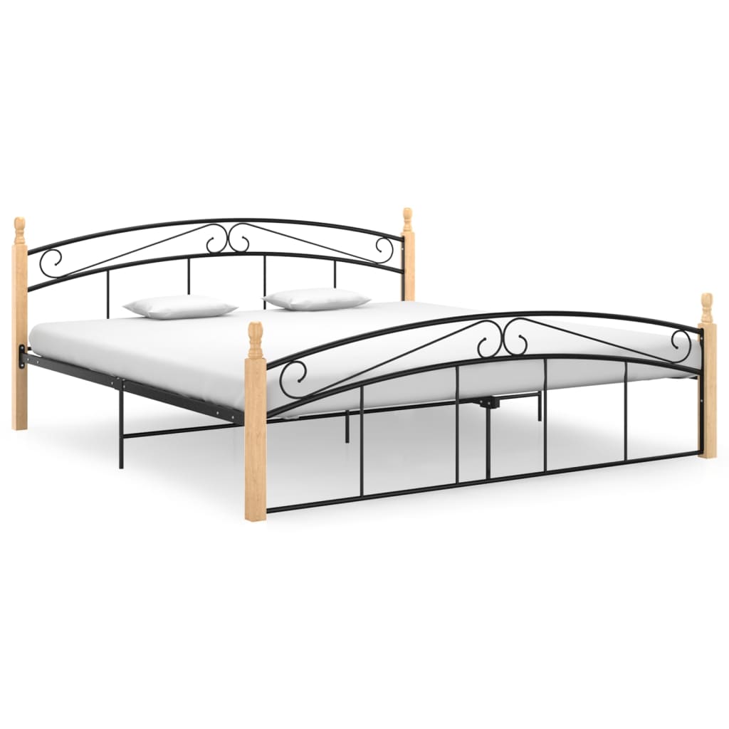 Bed Frame Without Mattress Black Metal&Solid Oak Wood