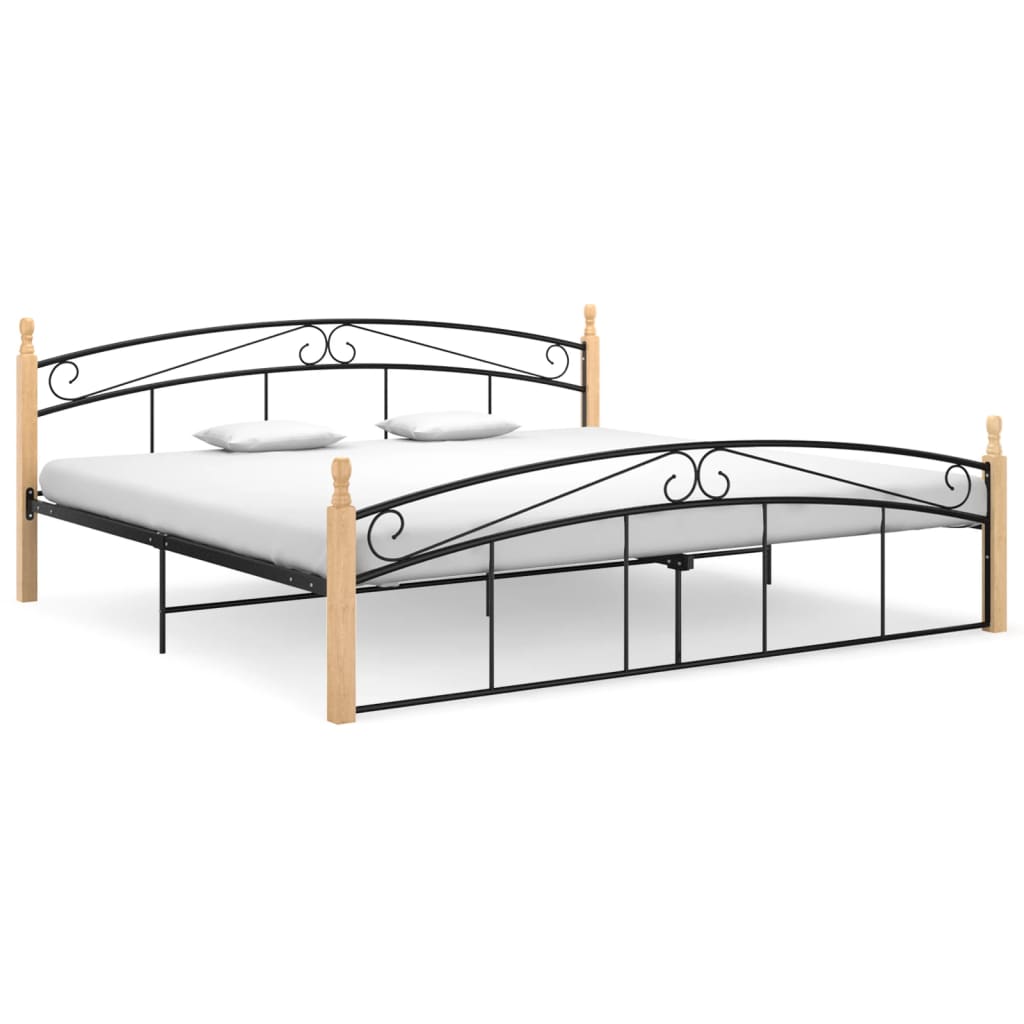 Bed Frame Without Mattress Black Metal&Solid Oak Wood