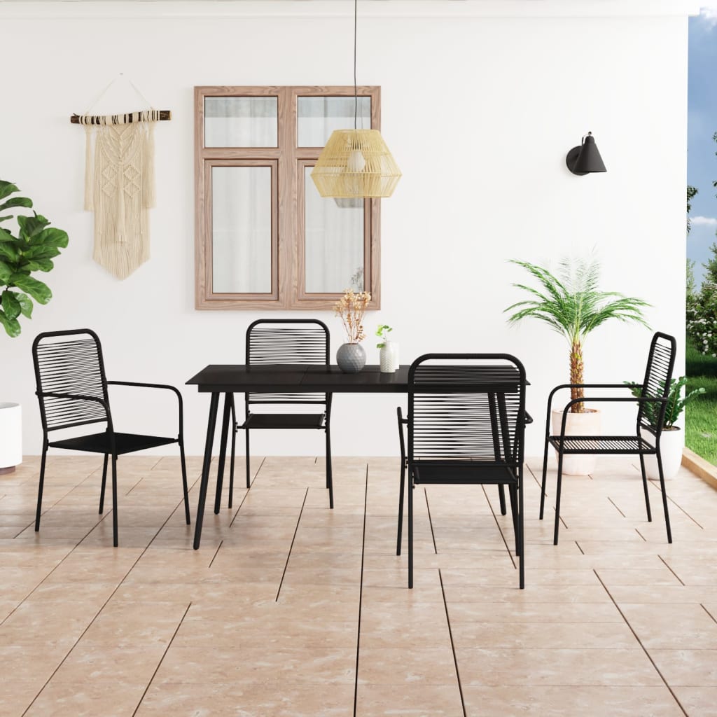 7 Piece Garden Dining Set Cotton Rope And Steel Black