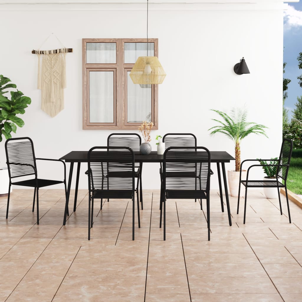7 Piece Garden Dining Set Cotton Rope And Steel Black