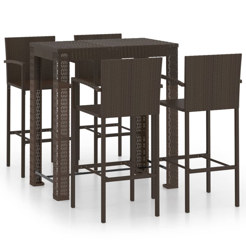 5 Piece Outdoor Bar Set With Armrest Poly Rattan Brown