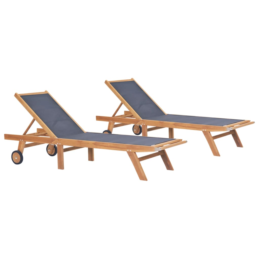 Folding Sun Loungers With Wheels 2 Pcs Solid Teak And Textilene