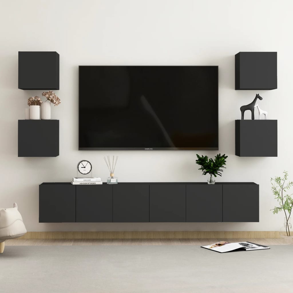 6 Piece Tv Cabinet Set Wall-Mounted Engineered Wood,  Tv Stand 80X30X30 Cm Made Of Engineered Wood,  Wall Mounted Tv Cabinets 2 Pcs 30.5X30X30 Cm