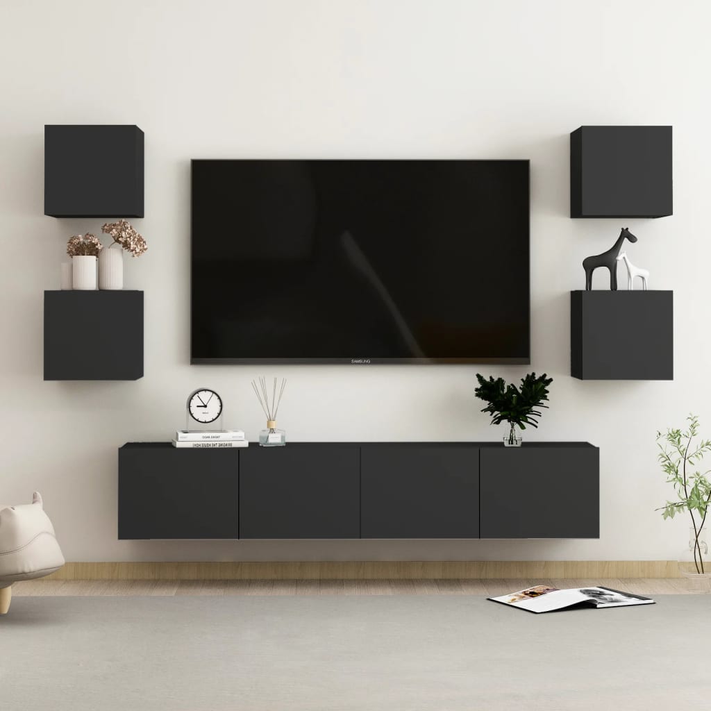 6 Piece Tv Cabinet Set Wall-Mounted Engineered Wood,  Tv Stand 80X30X30 Cm Made Of Engineered Wood,  Wall Mounted Tv Cabinets 2 Pcs 30.5X30X30 Cm