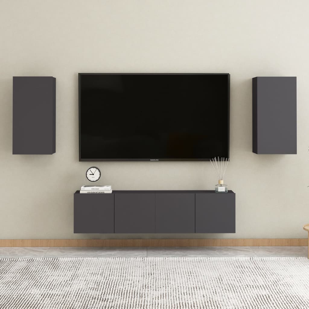 4 Piece Tv Cabinet Set Wall-Mounted Engineered Wood,  Tv Stand 80X30X30 Cm Made Of Engineered Wood,  Wall-Mounted Tv Cabinets - 2 Pcs , 30.5X30X90 Cm, Made From Engineered Wood