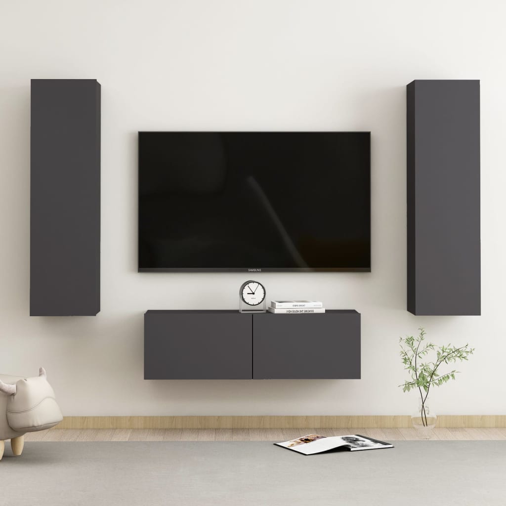 3 Piece Tv Cabinet Set Wall-Mounted Engineered Wood,  Tv Stand 80X30X30 Cm Made Of Engineered Wood,  Wall-Mounted Tv Cabinets - 2 Pcs , 30.5X30X90 Cm, Made From Engineered Wood