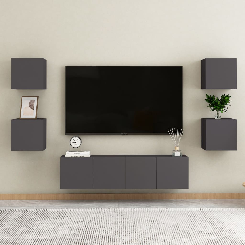 6 Piece Tv Cabinet Set Wall-Mounted Engineered Wood,  Tv Stand 80X30X30 Cm Made Of Engineered Wood,  Wall Mounted Tv Cabinets 2 Pcs 30.5X30X30 Cm