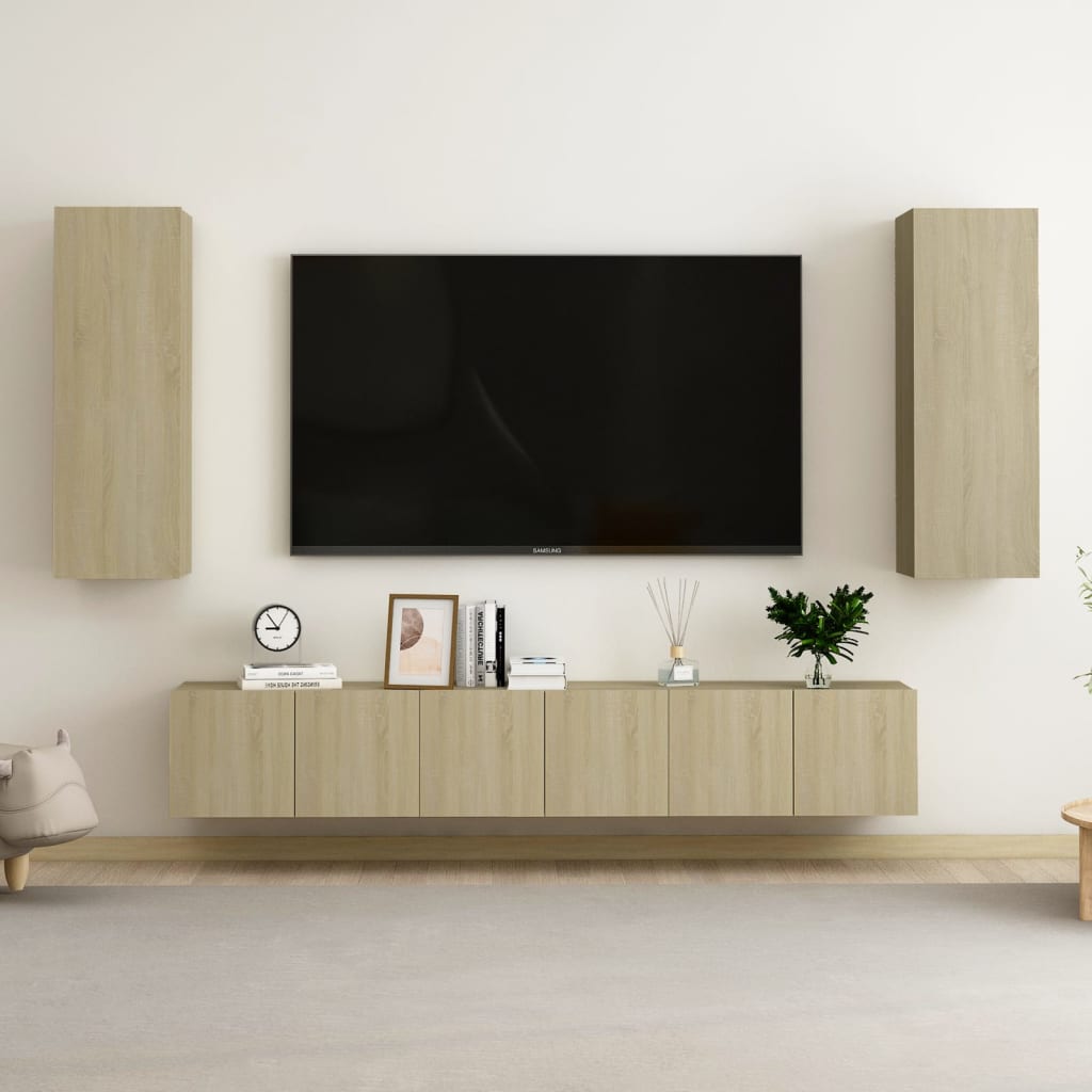 4 Piece Tv Cabinet Set Wall-Mounted Engineered Wood,  Tv Stand 80X30X30 Cm Made Of Engineered Wood,  Wall-Mounted Tv Cabinets - 2 Pcs , 30.5X30X90 Cm, Made From Engineered Wood