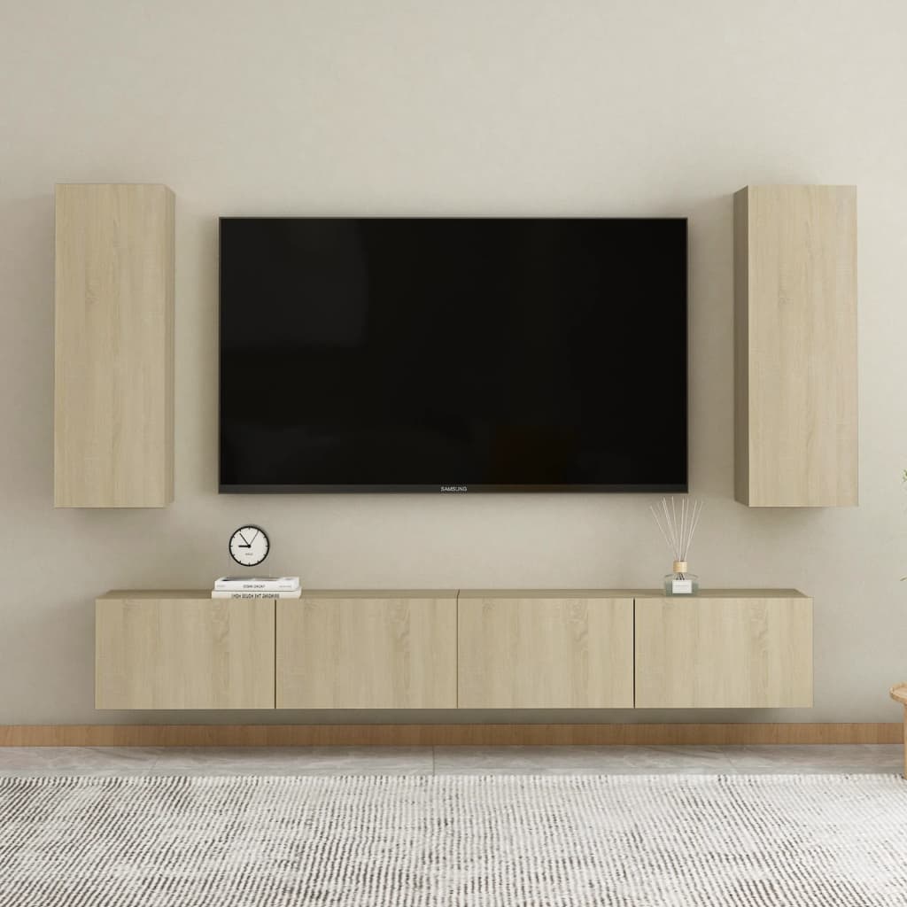 4 Piece Tv Cabinet Set Wall-Mounted Engineered Wood,  Tv Stand 80X30X30 Cm Made Of Engineered Wood,  Wall-Mounted Tv Cabinets - 2 Pcs , 30.5X30X90 Cm, Made From Engineered Wood