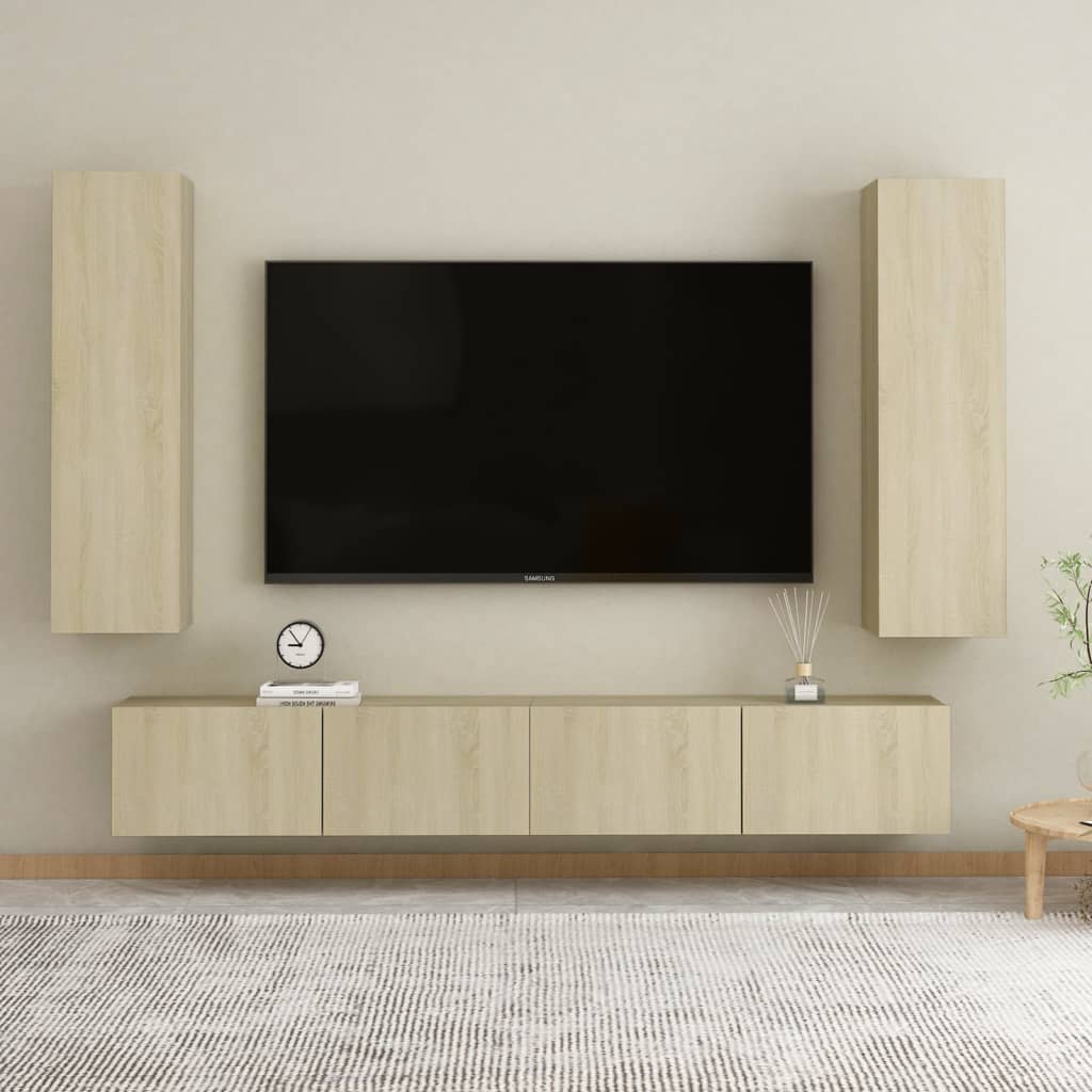 4 Piece Tv Cabinet Set Wall-Mounted Engineered Wood,  Tv Stand 80X30X30 Cm Made Of Engineered Wood,  Wall-Mounted Tv Cabinets - 2 Pcs , 30.5X30X90 Cm, Made From Engineered Wood