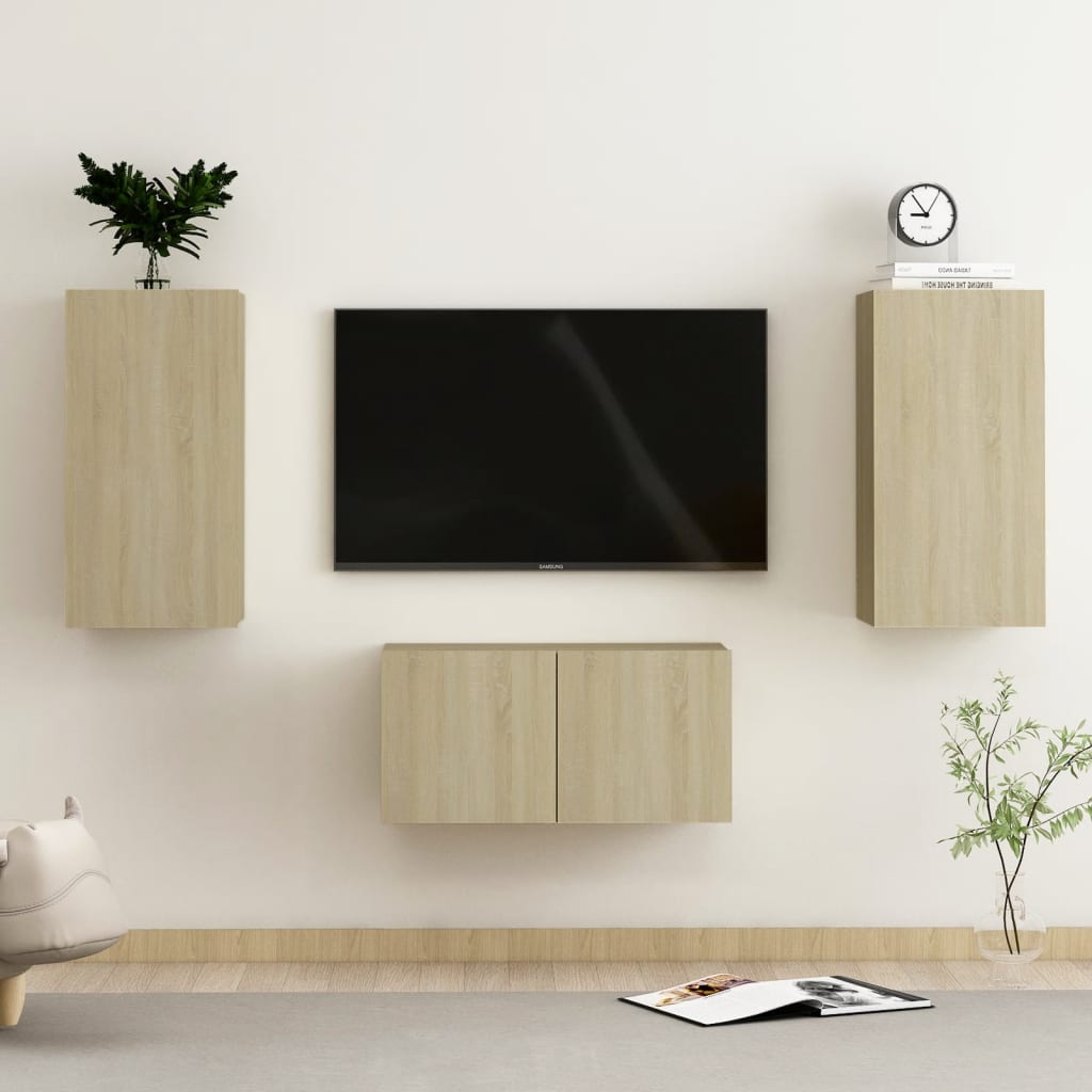 3 Piece Tv Cabinet Set Wall-Mounted Engineered Wood,  Tv Stand 80X30X30 Cm Made Of Engineered Wood,  Wall-Mounted Tv Cabinets - 2 Pcs , 30.5X30X90 Cm, Made From Engineered Wood