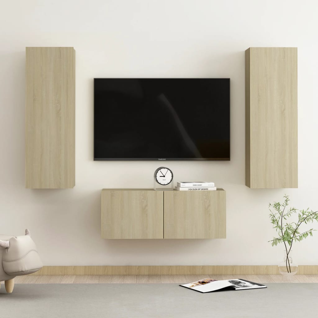 3 Piece Tv Cabinet Set Wall-Mounted Engineered Wood,  Tv Stand 80X30X30 Cm Made Of Engineered Wood,  Wall-Mounted Tv Cabinets - 2 Pcs , 30.5X30X90 Cm, Made From Engineered Wood