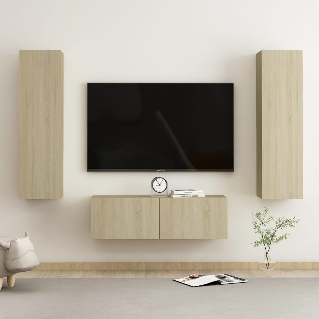 3 Piece Tv Cabinet Set Wall-Mounted Engineered Wood,  Tv Stand 80X30X30 Cm Made Of Engineered Wood,  Wall-Mounted Tv Cabinets - 2 Pcs , 30.5X30X90 Cm, Made From Engineered Wood