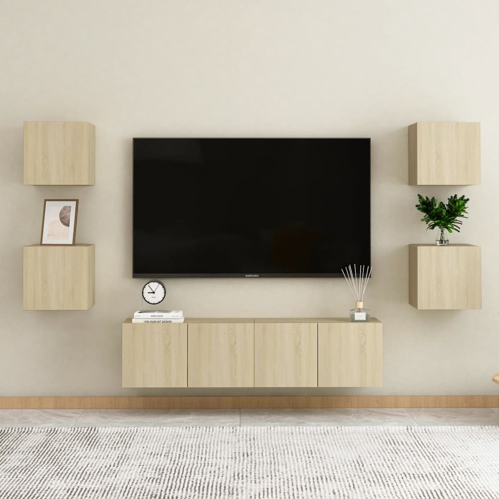 6 Piece Tv Cabinet Set Wall-Mounted Engineered Wood,  Tv Stand 80X30X30 Cm Made Of Engineered Wood,  Wall Mounted Tv Cabinets 2 Pcs 30.5X30X30 Cm
