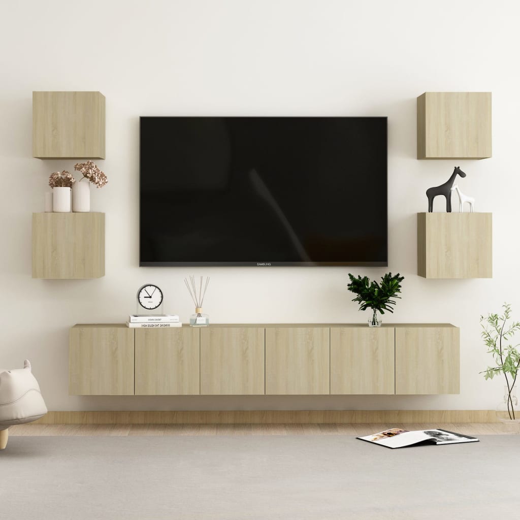 6 Piece Tv Cabinet Set Wall-Mounted Engineered Wood,  Tv Stand 80X30X30 Cm Made Of Engineered Wood,  Wall Mounted Tv Cabinets 2 Pcs 30.5X30X30 Cm