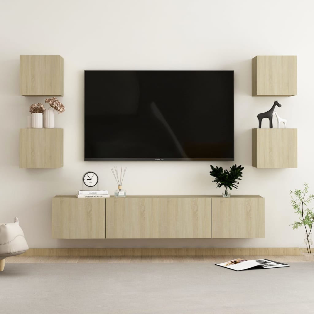 6 Piece Tv Cabinet Set Wall-Mounted Engineered Wood,  Tv Stand 80X30X30 Cm Made Of Engineered Wood,  Wall Mounted Tv Cabinets 2 Pcs 30.5X30X30 Cm