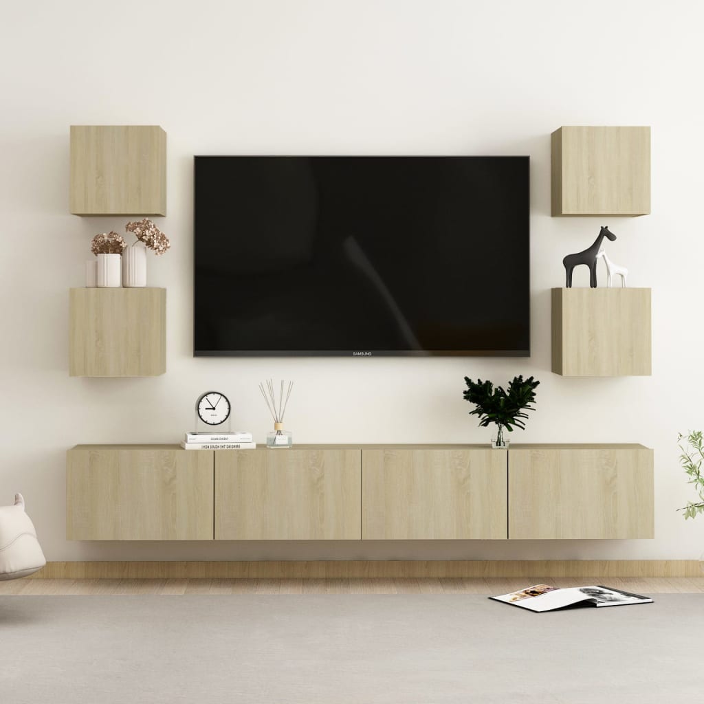 6 Piece Tv Cabinet Set Wall-Mounted Engineered Wood,  Tv Stand 80X30X30 Cm Made Of Engineered Wood,  Wall Mounted Tv Cabinets 2 Pcs 30.5X30X30 Cm
