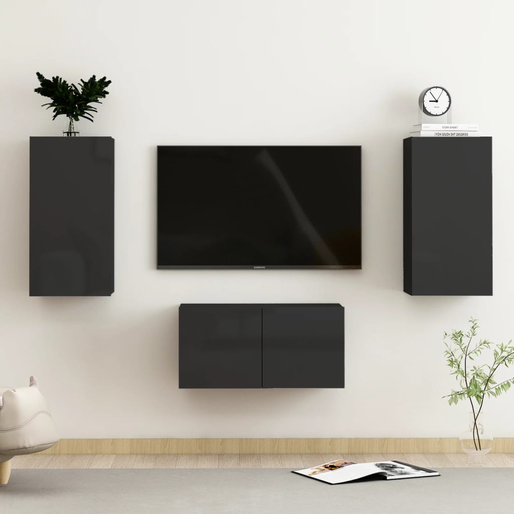 3 Piece Tv Cabinet Set Wall-Mounted Engineered Wood,  Tv Stand 80X30X30 Cm Made Of Engineered Wood,  Wall-Mounted Tv Cabinets - 2 Pcs , 30.5X30X90 Cm, Made From Engineered Wood
