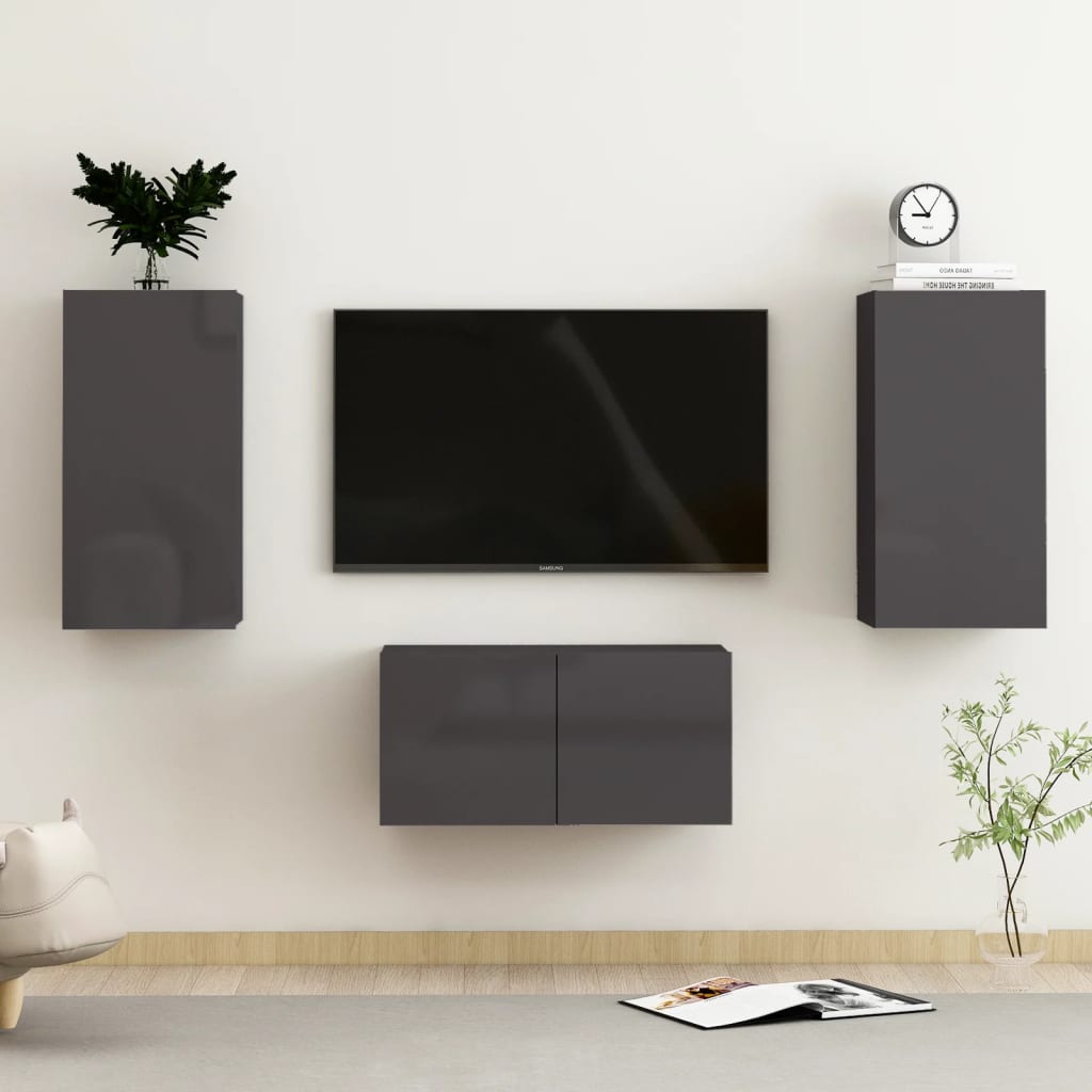 3 Piece Tv Cabinet Set Wall-Mounted Engineered Wood,  Tv Stand 80X30X30 Cm Made Of Engineered Wood,  Wall-Mounted Tv Cabinets - 2 Pcs , 30.5X30X90 Cm, Made From Engineered Wood