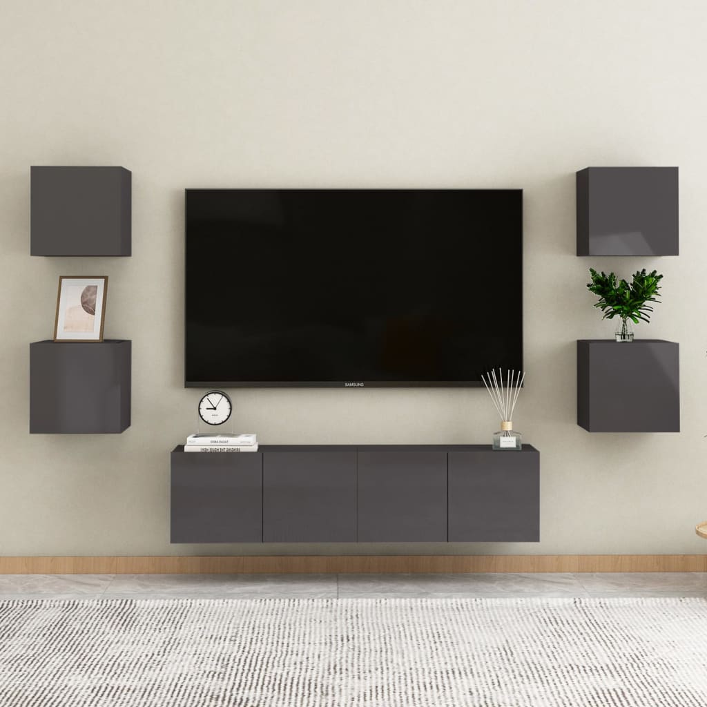 6 Piece Tv Cabinet Set Wall-Mounted Engineered Wood,  Tv Stand 80X30X30 Cm Made Of Engineered Wood,  Wall Mounted Tv Cabinets 2 Pcs 30.5X30X30 Cm