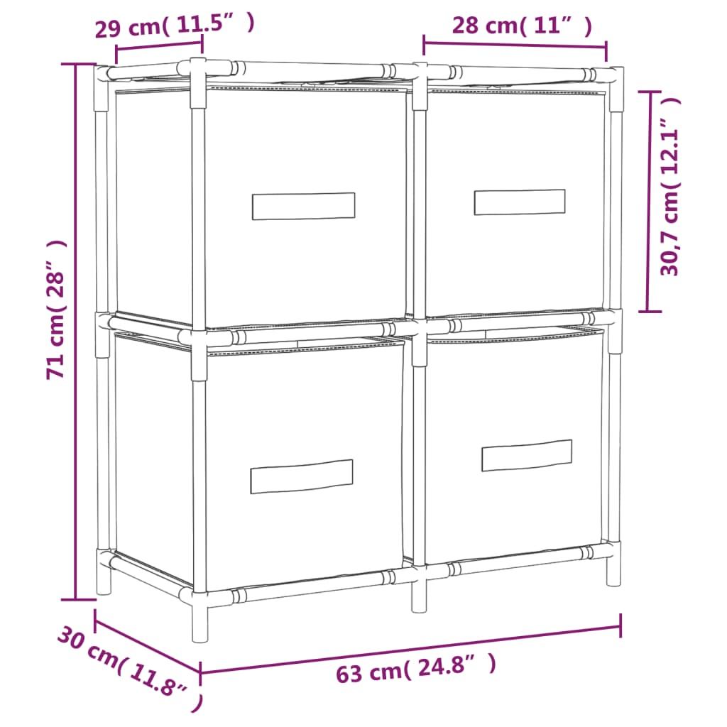 Storage Cabinet With 4 Fabric Baskets 63X30X71 Cm Steel
