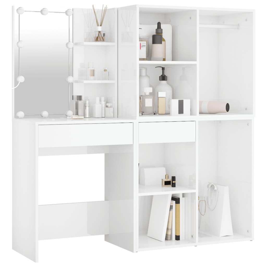 Led Dressing Table With 2 Cabinets High Gloss White Engineered Wood