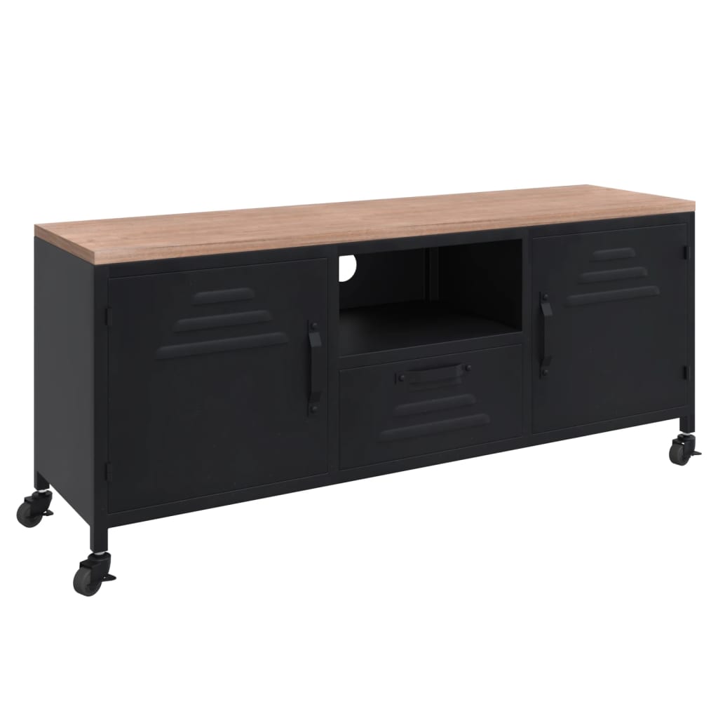 Tv Cabinet Black 110X30X43 Cm Iron And Solid Wood Fir