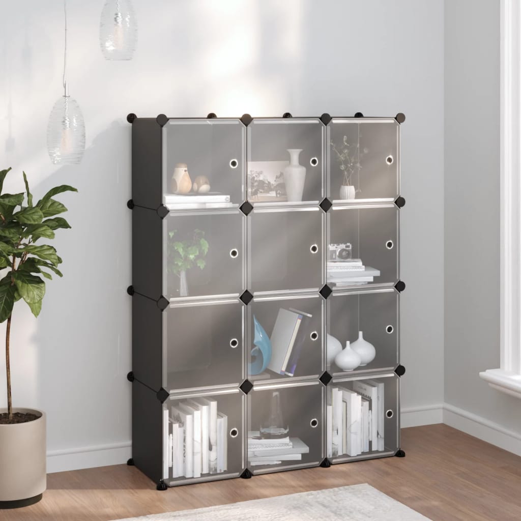 Storage Cube Organiser With 12 Cubes And Doors Transparent Pp