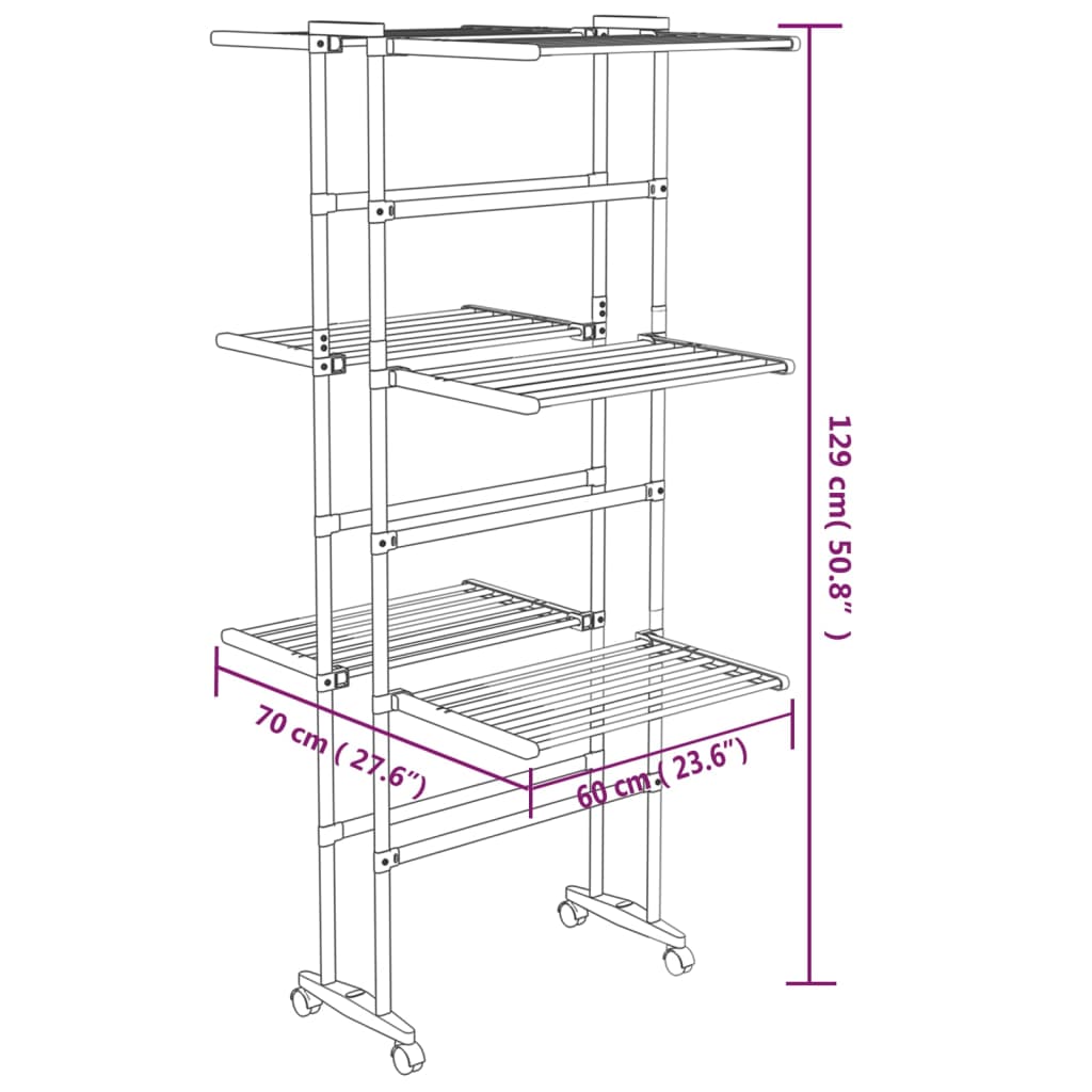 3-Tier Laundry Drying Rack With Wheels Silver