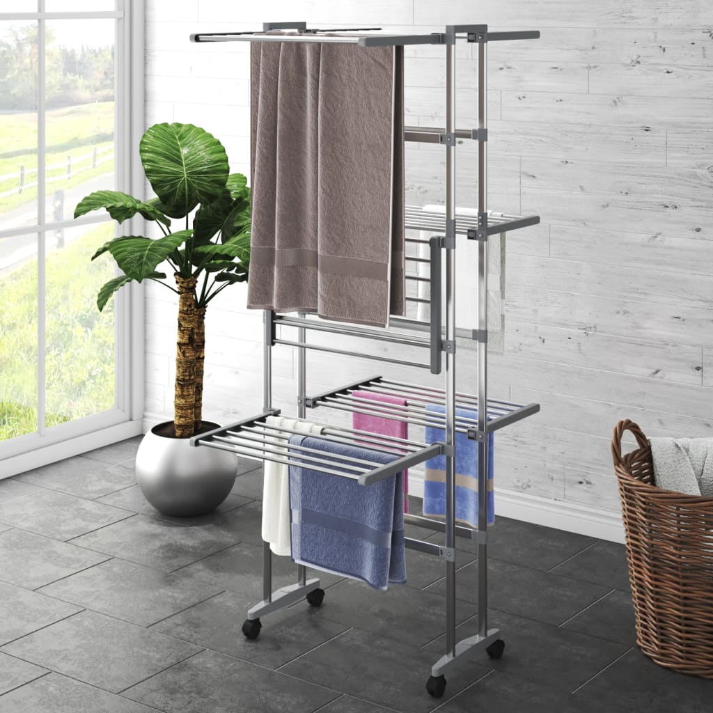 3-Tier Laundry Drying Rack With Wheels Silver