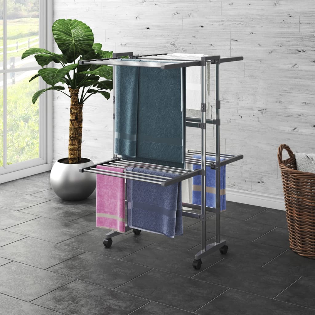 3-Tier Laundry Drying Rack With Wheels Silver