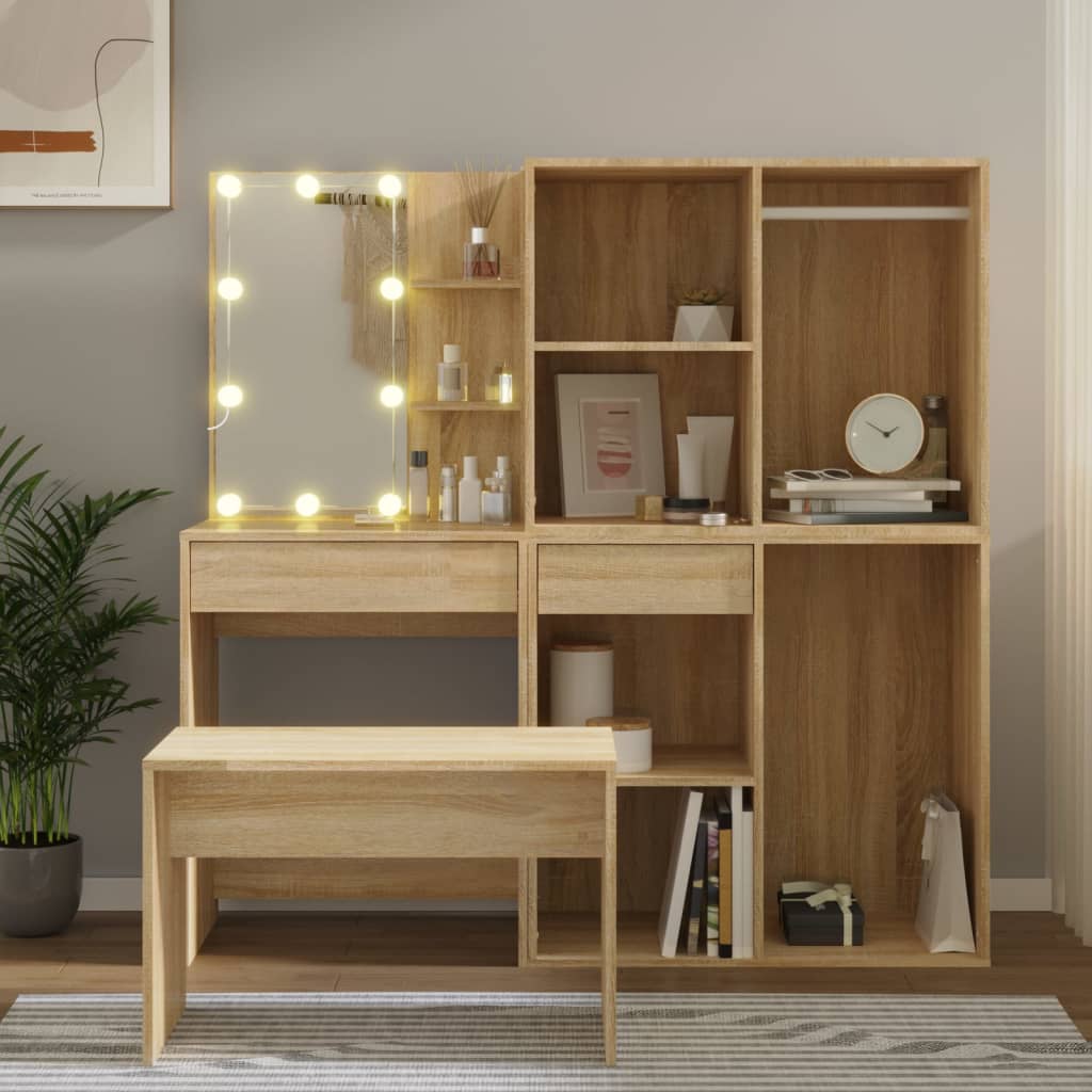 Dressing Table Set With Led Engineered Wood