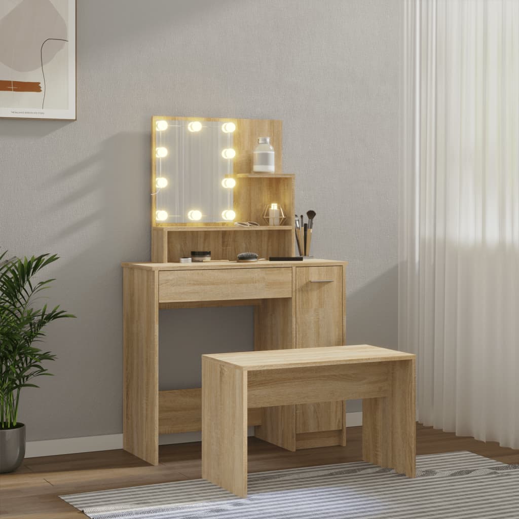 Dressing Table Set With Led Engineered Wood